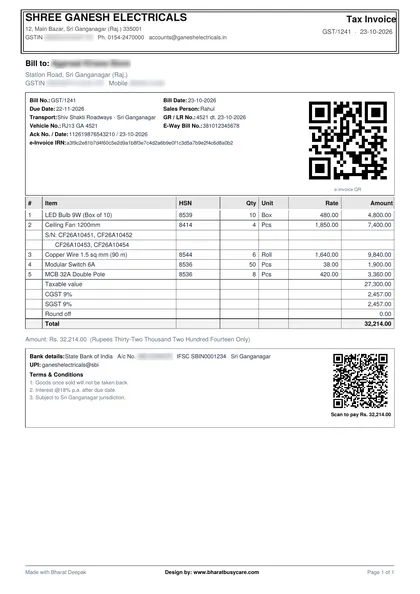Bharat Deepak Classic bill design PDF preview (demo data, private details hidden)