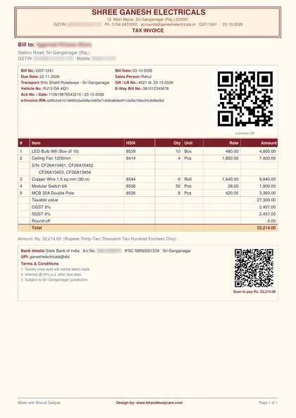 Bharat Deepak Maroon bill design PDF preview (demo data, private details hidden)