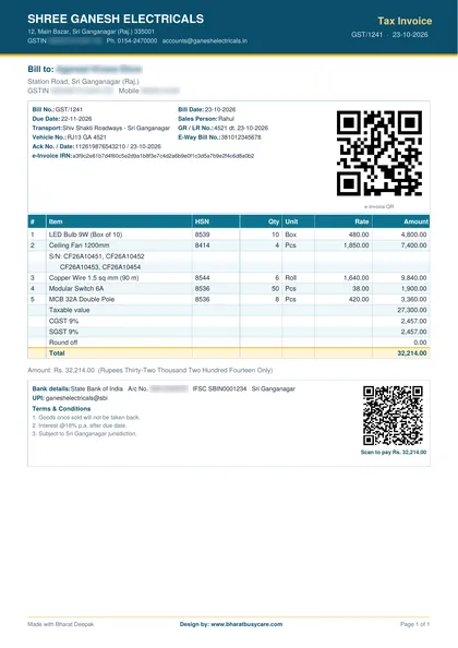 Bharat Deepak Ocean bill design PDF preview (demo data, private details hidden)