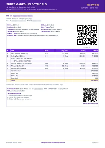 Bharat Deepak Purple bill design PDF preview (demo data, private details hidden)