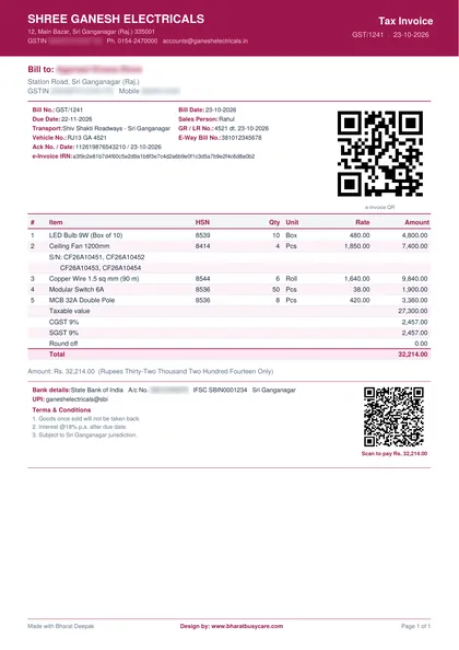 Bharat Deepak Rose bill design PDF preview (demo data, private details hidden)