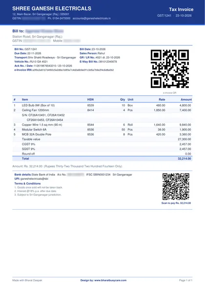 Bharat Deepak Royal bill design PDF preview (demo data, private details hidden)
