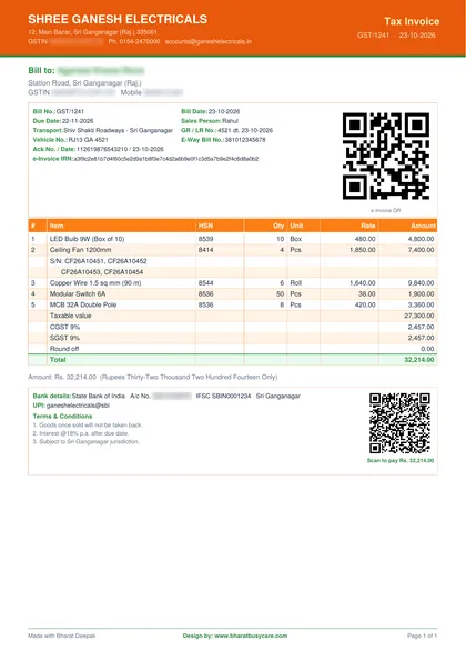Bharat Deepak Saffron bill design PDF preview (demo data, private details hidden)