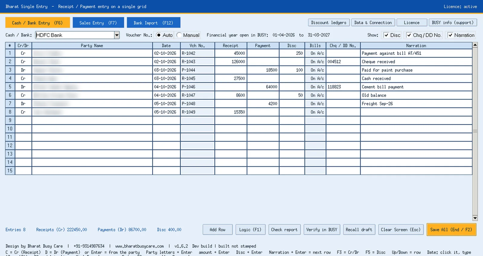 Bharat Single Entry Cash / bank single entry