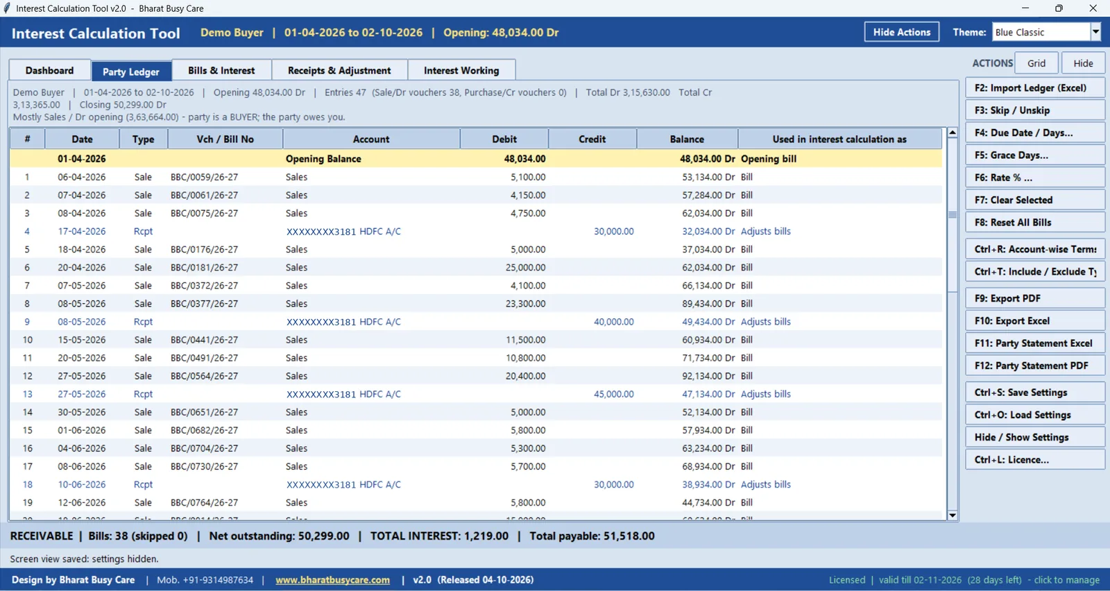 BharatLaxmi Party ledger: Ledger exactly as imported, with running balance.