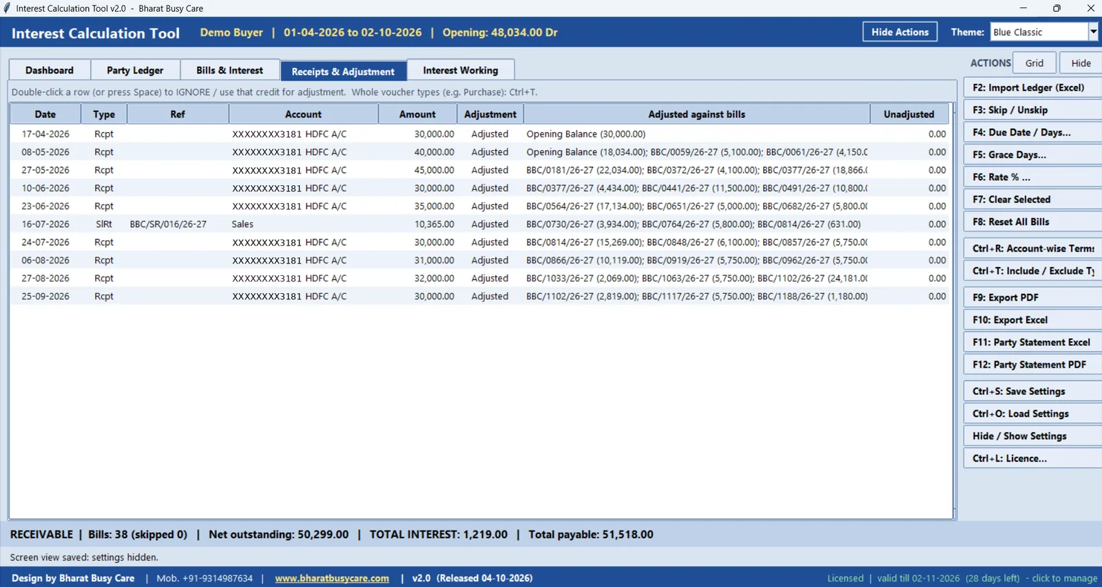 BharatLaxmi Receipts & adjustment: Which bills each receipt or credit note settled.